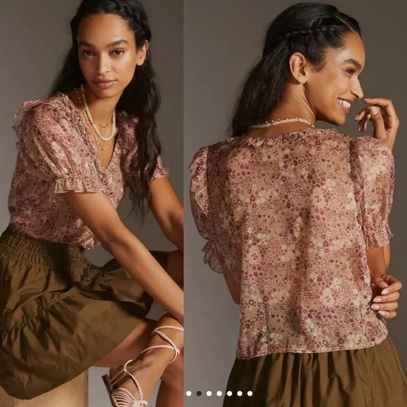 NWT New Anthropologie Floral Puff Sleeve Ruffle Boho Cottagecore Blouse Top M - Picture 1 of 8